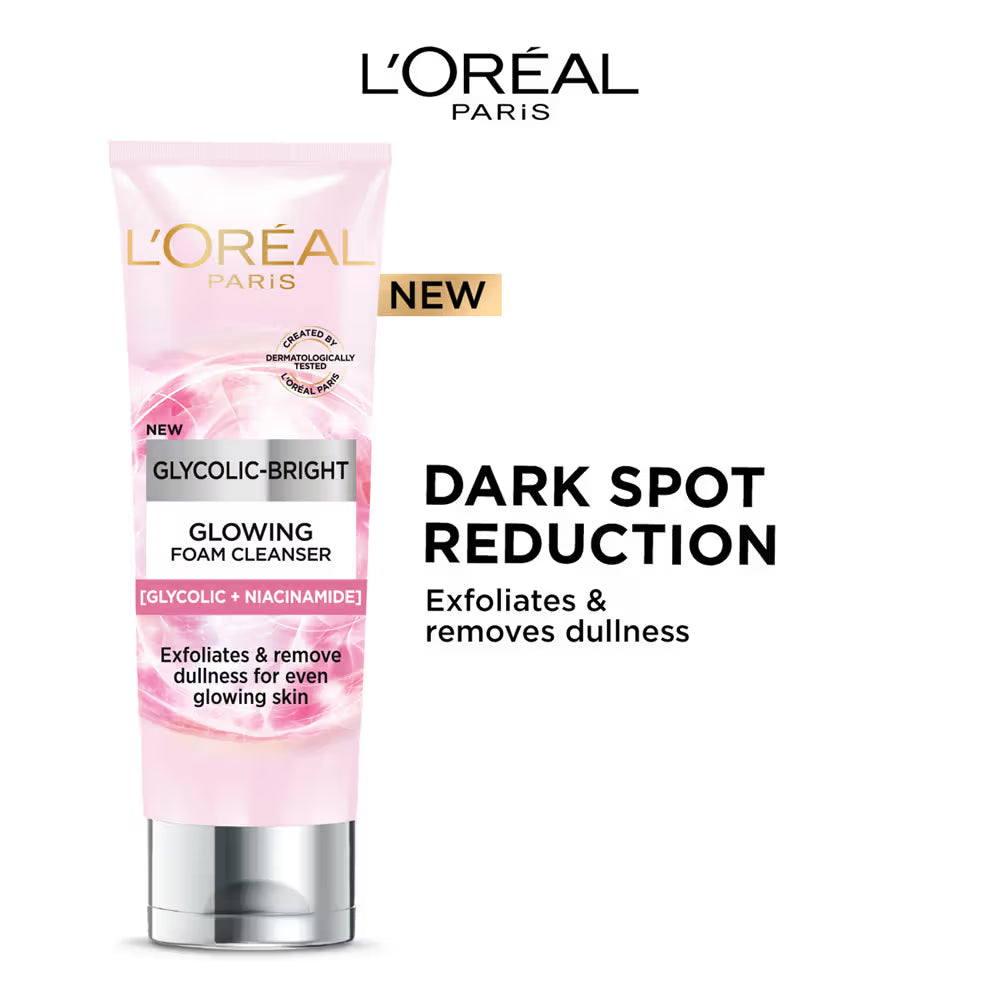 L'Oreal Paris Glycolic-Bright Glowing Foam Cleanser [ Glycolic + Niacinamide] Exfoliates & Removes Dullness Foe Even Glowing Skin 100ml