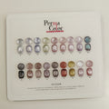 A Perma Color 18-color gel nail polish sample display card on a white background, showing multiple oval gel polish swatches in various colors and finishes.
