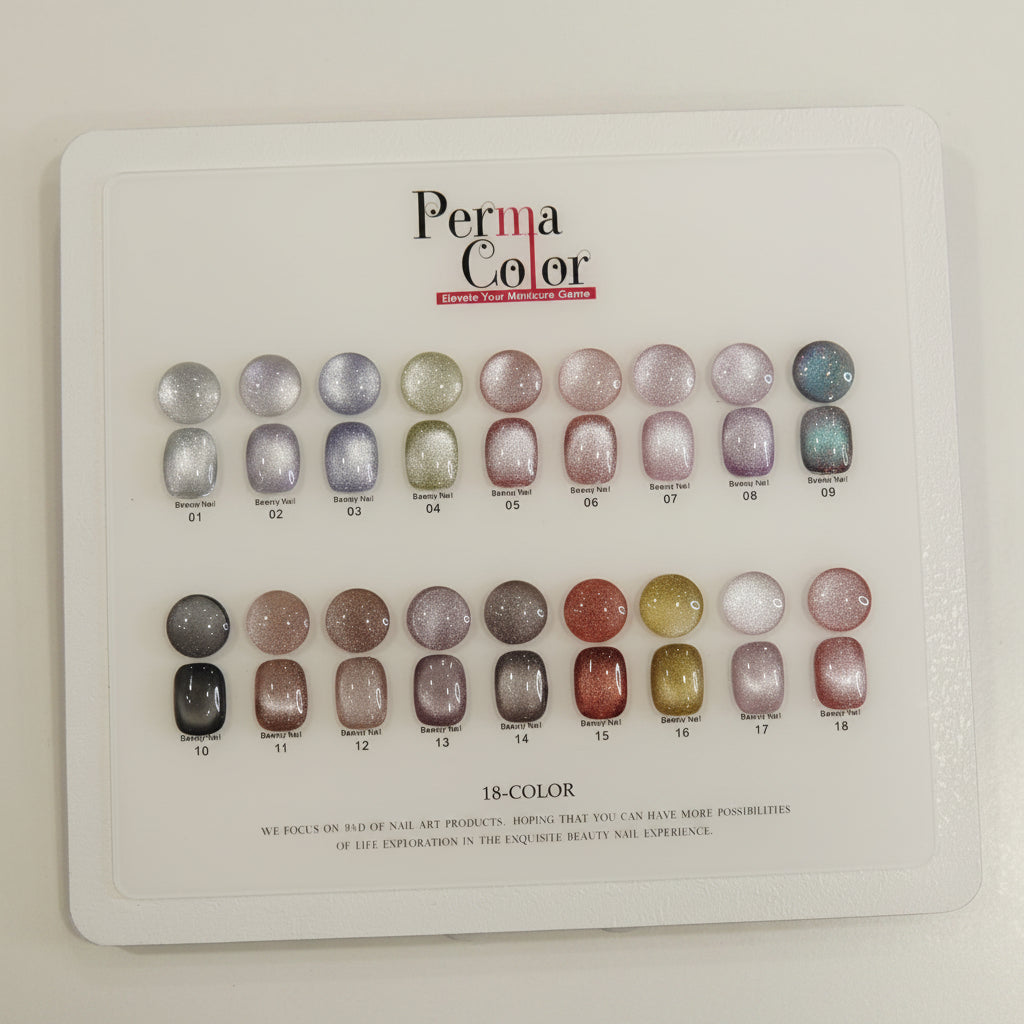 A Perma Color 18-color gel nail polish sample display card on a white background, showing multiple oval gel polish swatches in various colors and finishes.