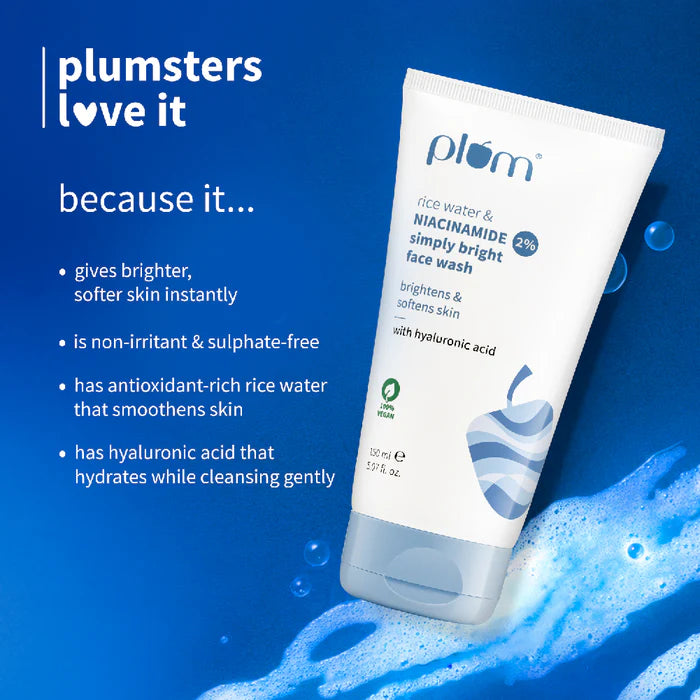 PLUM RICE WATER & NIACINAMIDE 2% SIMPLY BRIGHT FACE WACE WASH | REMOVES 99% IMPURITIES, INSTANTLY BRIGHTENS & SOFTENS SKIN 150ml 5.07 fi. oz.
