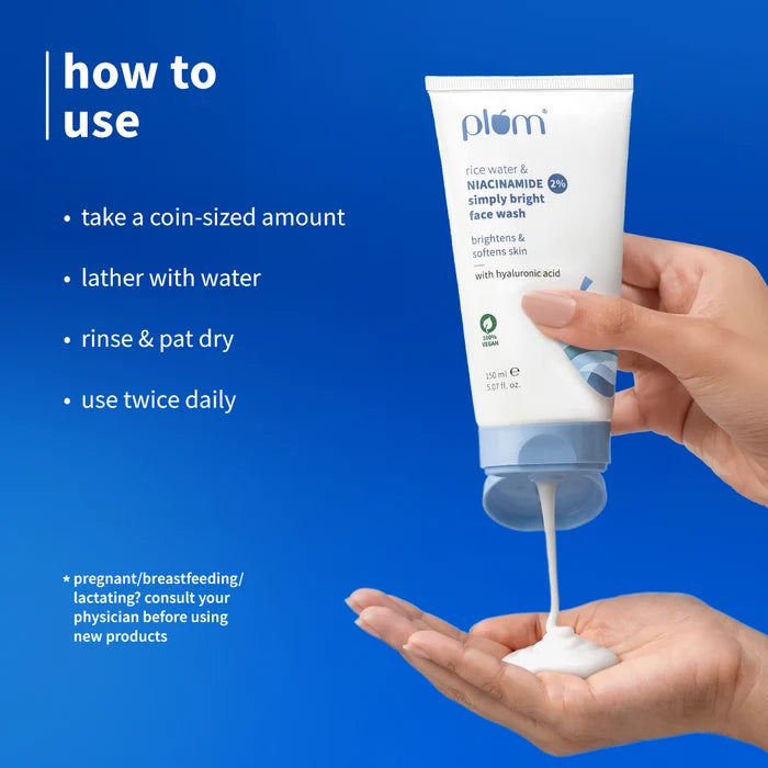 PLUM RICE WATER & NIACINAMIDE 2% SIMPLY BRIGHT FACE WACE WASH | REMOVES 99% IMPURITIES, INSTANTLY BRIGHTENS & SOFTENS SKIN 150ml 5.07 fi. oz.
