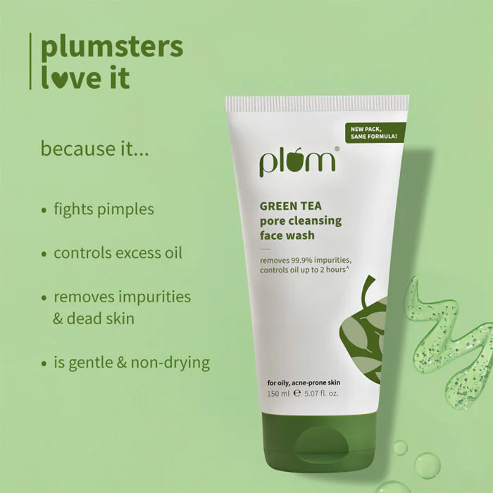 PLUM GREEN TEA PORE CLEANSING FACE WASH | REMOVES 99.9% IMPURITIES, CONTROLS OIL UP TO 2 HOURS |FOR OILY, ACNE- PRONE SKIN 100ml 3.38 fi. oz