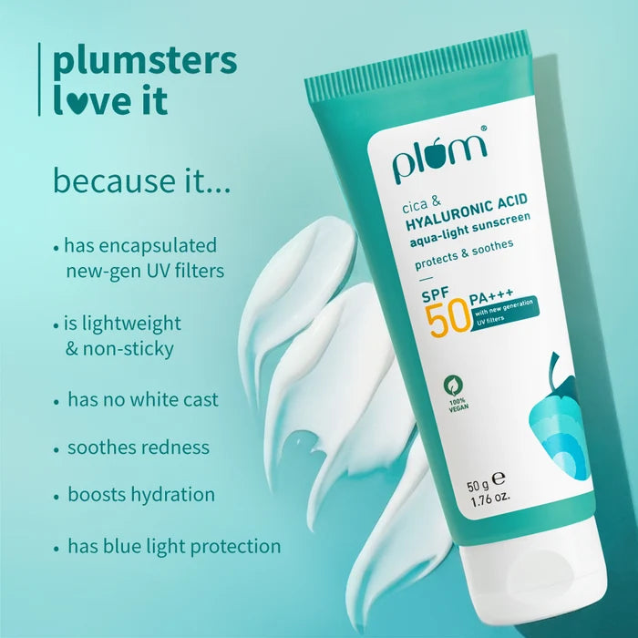PLUM CICA & HYALURONIC ACID AQUA LIGJHT SUNSCREEN | PROTECTS & SOOTHES SPF50 PA+++ WITH NEW GENERATION UV FILTERS 50g 1.76 oz.