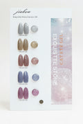 A Jiakou Exquisite Stone Cat eye gel nail polish display card showing five color options: silver glitter, champagne gold glitter, rose gold glitter, blue glitter, and lavender glitter, each with a nail swatch and a circular color swatch.