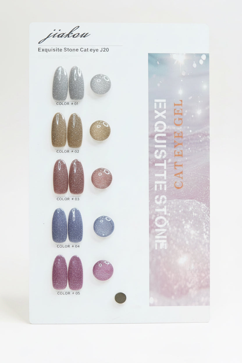 A Jiakou Exquisite Stone Cat eye gel nail polish display card showing five color options: silver glitter, champagne gold glitter, rose gold glitter, blue glitter, and lavender glitter, each with a nail swatch and a circular color swatch.