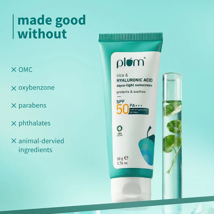PLUM CICA & HYALURONIC ACID AQUA LIGJHT SUNSCREEN | PROTECTS & SOOTHES SPF50 PA+++ WITH NEW GENERATION UV FILTERS 50g 1.76 oz.