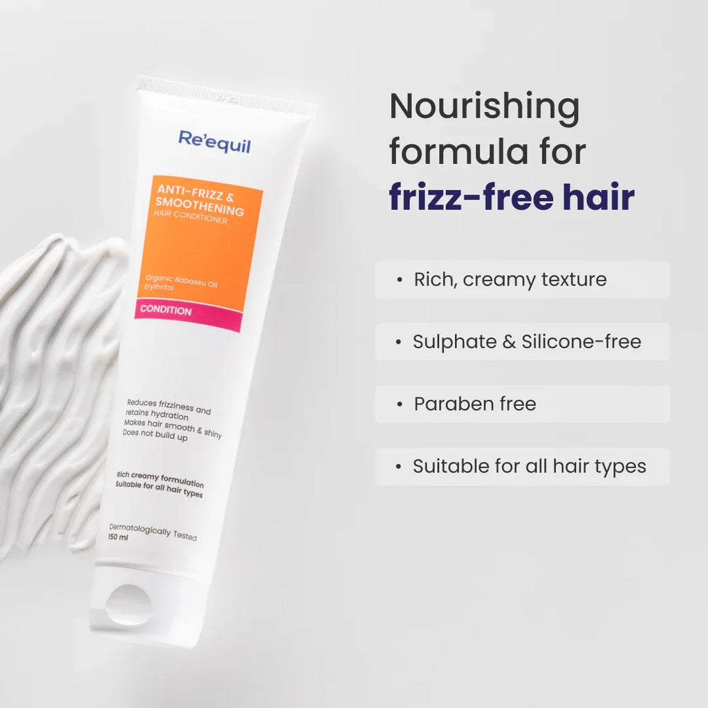 RE' EQUIL ANTI-FRIZZ & SMOOTHENING HAIR CONDITIONER | Organic Babassu Oil Erythritol | Reduces Frizziness Improves Manageability For All Hair Types | Dermatologically Tested 125g /4.41 oz