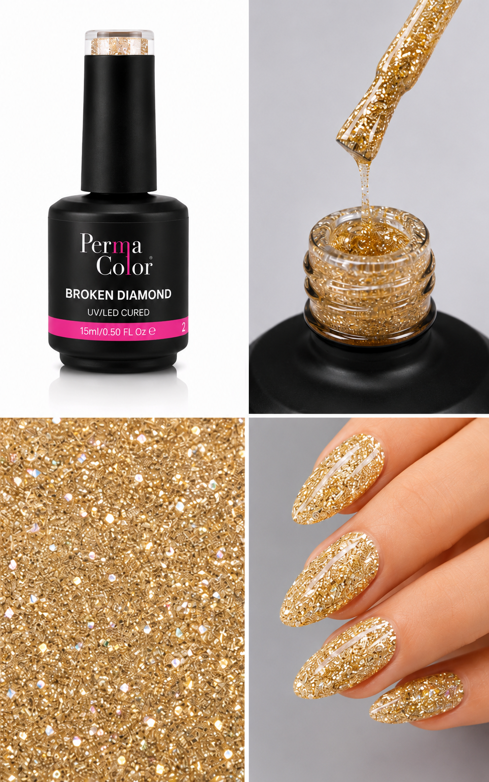 Perma Color Broken Diamond Gel Polish delivers vibrant, long-lasting color with a stunning broken diamond finish.