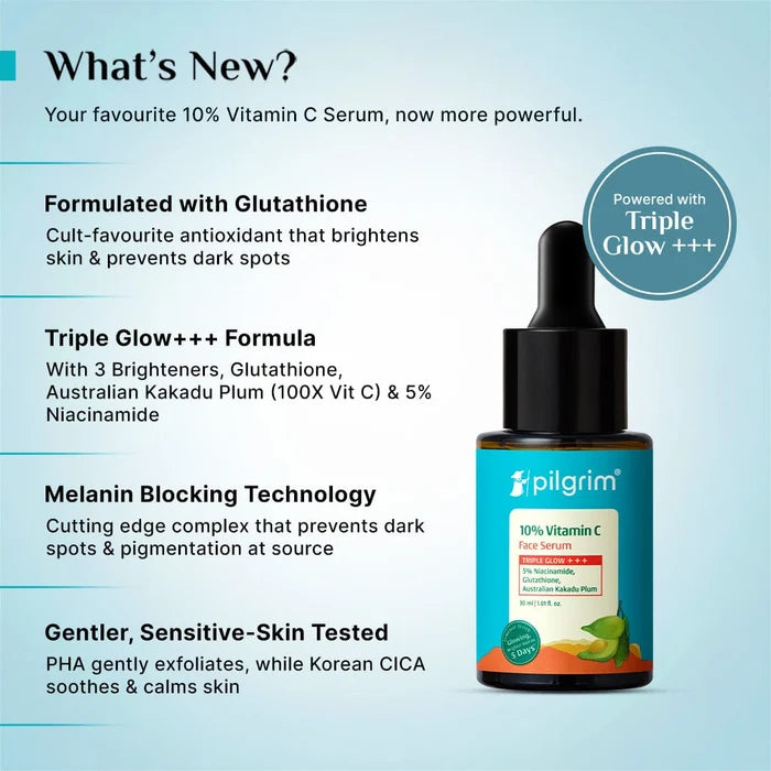 PILGRIM 10% Vitamin - C Face Serum | Triple Glow +++ 5% Niacinamide, Glutathione, Australian Kakadu Plum | All Skin Types 25ml |  0.84 fl. oz.