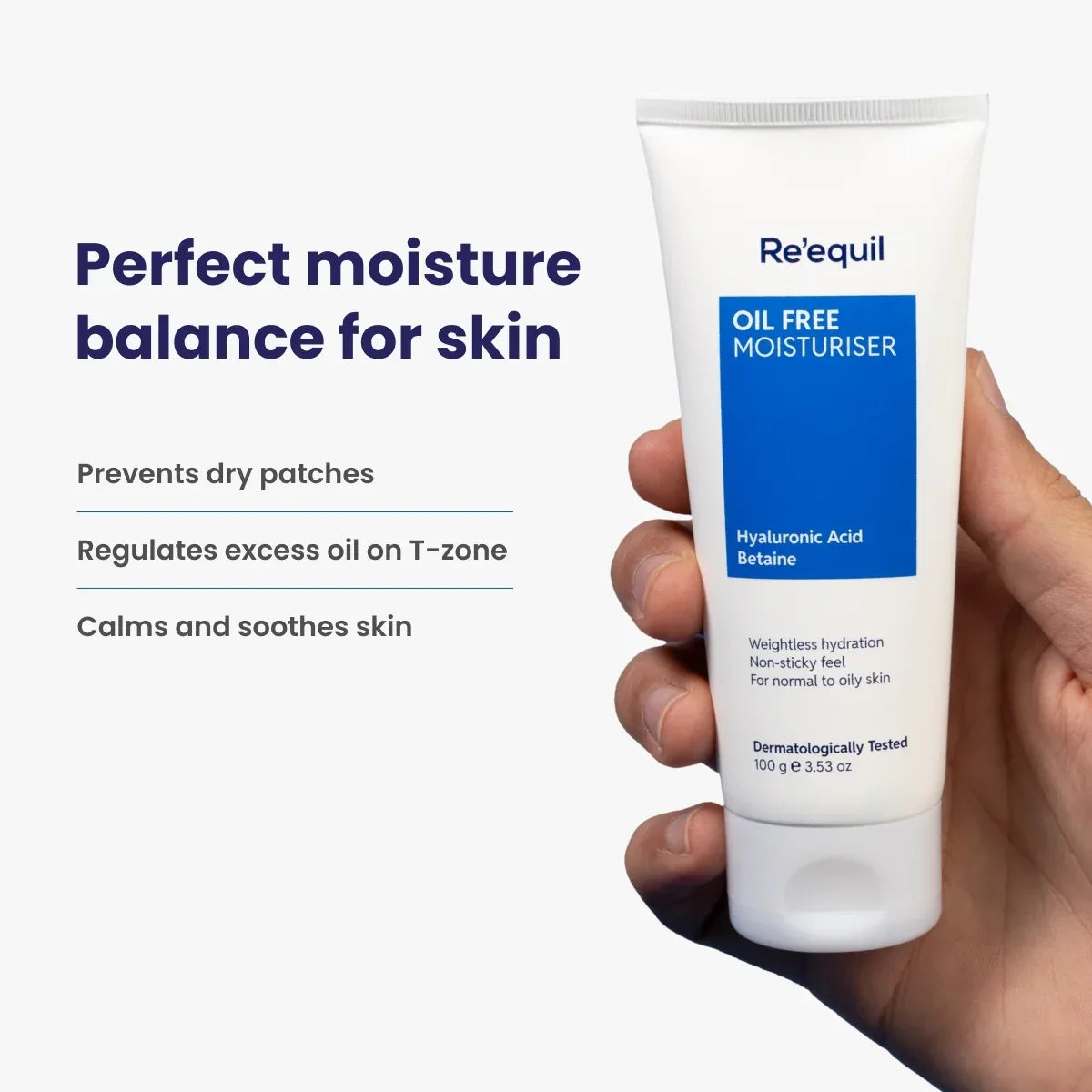 RE' EQUIL OIL FREE MOISTURISER | Hyaluronic Acid Betaine | Weightless Hydration Non-Sticky Feel For Normal To Oily Skin | Dermatologically Tested 100 g/3.53 oz.