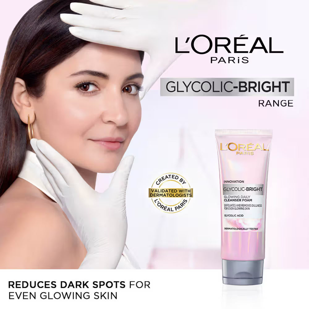 L'Oreal Paris Glycolic-Bright Glowing Foam Cleanser [ Glycolic + Niacinamide] Exfoliates & Removes Dullness Foe Even Glowing Skin 100ml