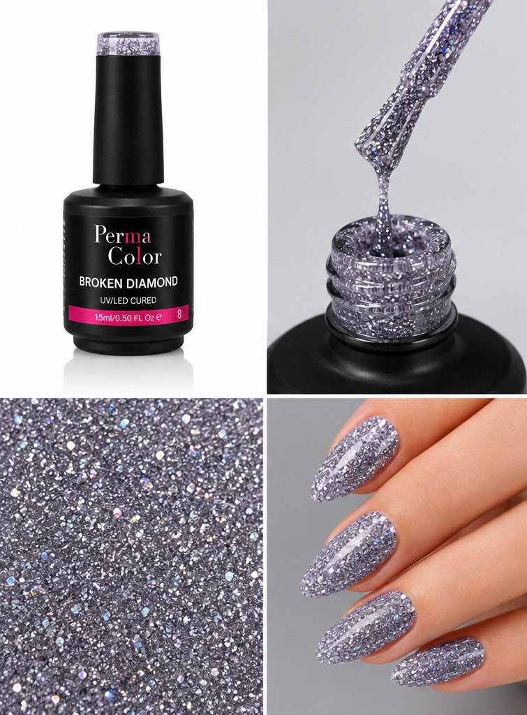 Perma Color Broken Diamond Gel Polish delivers vibrant, long-lasting color with a stunning broken diamond finish.