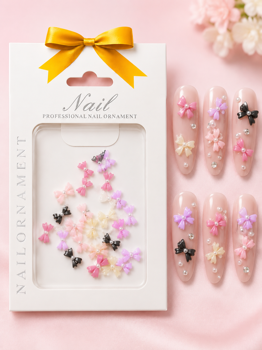 Colorful bows designed specifically for nail art. These small, vibrant bows add a playful and elegant touch to your manicure.