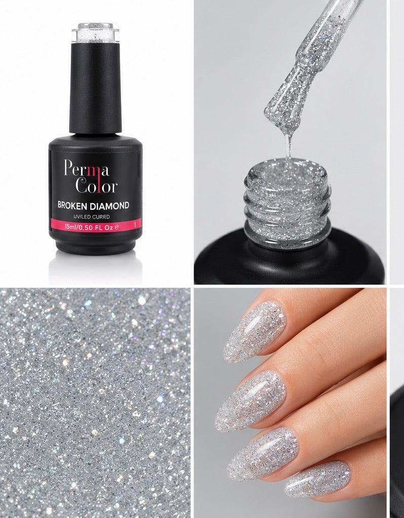 Perma Color Broken Diamond Gel Polish delivers vibrant, long-lasting color with a stunning broken diamond finish.
