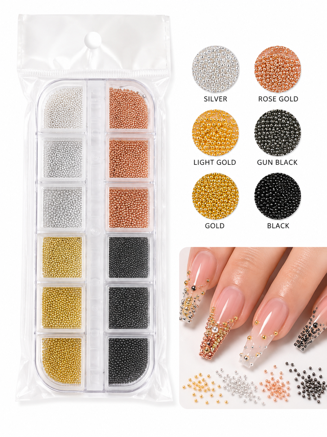 Elevate your nail art with luxurious caviar balls. These tiny, spherical beads add instant dimension and glamorous texture to any manicure.