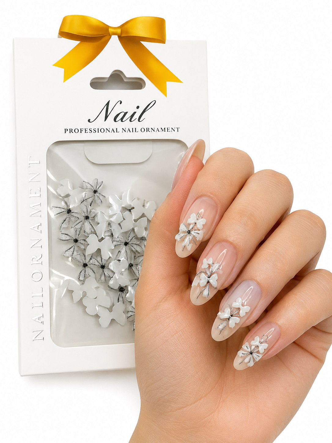 Elegant white nail bows add a delicate, feminine touch to your manicure.