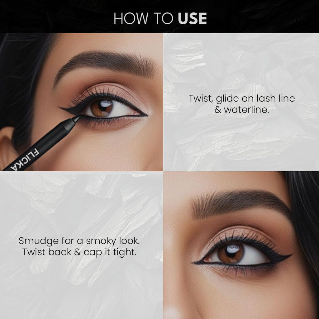 FLiCKA Kohl As Coal Kajal Pencil | Intense Black Waterproof Eyeliner | 24HR Long-Lasting Smudge - Proof Matte Finish | Eye Pencil for Women & Girls | 1.5g