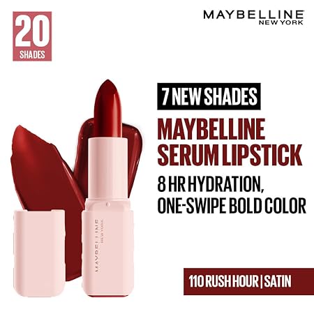 Maybelline New York Serum Lipstick (Satin) weightless hydration, One-swipe bold color, 4.2g