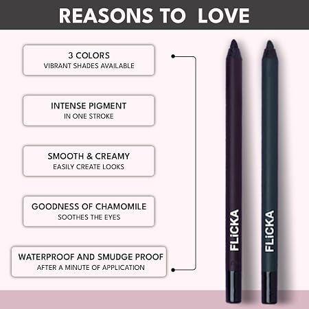 FLiCKA Keep It Bold Kajal | Waterproof, Smudgeproof, Intense Kajal, Long-lasting Formula upto 18hrs, 1.2 g