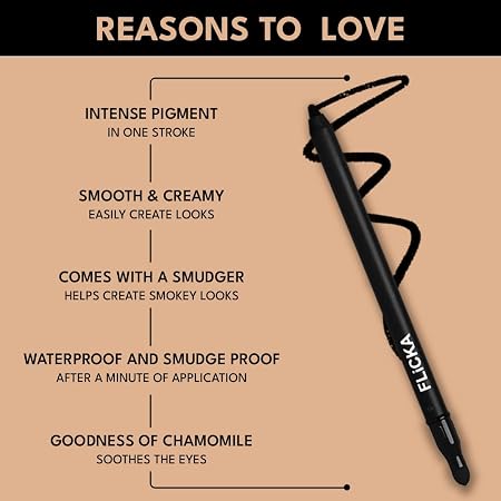 FLiCKA Kohl Story Kajal | Waterproof, Smudgeproof, Ultra-Creamy Texture, Intense Kajal, Long-lasting Formula upto 18hrs, 01 Black, 1.2 g