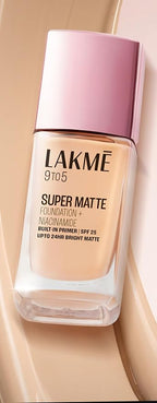 LAKME 9TO5 SUPERMATTE FOUNDATION NIACINAMIDE BUILT IN PRIMER | SPF 25 UP TO 24 HR BRIGHT MATTE 23ml