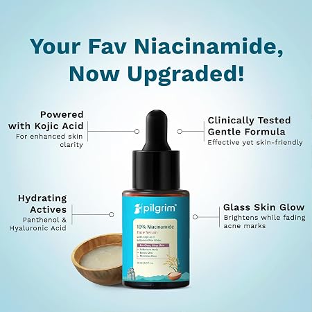 Pilgrim 10% Niacinamide Face Serum for Acne Marks & Glass Skin Glow - 30ml with Kojic Acid & Korean Rice Water, Fades Dark Spots, Boosts Glow, Minimizes Pores, Controls Excess Oil, Sensitive Skin Safe