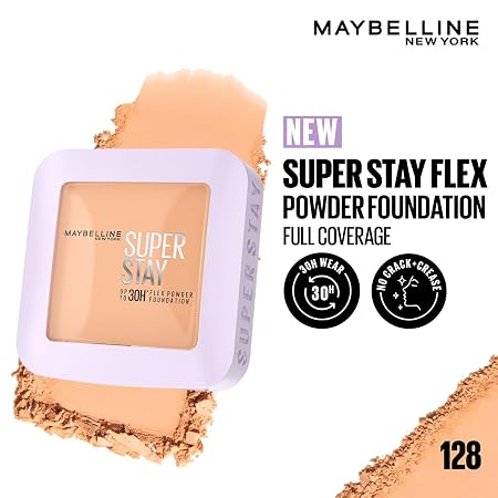 Maybelline New York Super Stay Flex Powder Foundation Compact, Full Coverage, 30H Full Coverage, Perfect for Oily Skin, Waterproof & Sweatproof, 9g