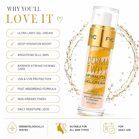 FYC Professional Derma Twist Spiralyze Gel Cream for Face | Deep Hydration & Skin Barrier Repair Moisturizer | With Ceramides, Glycosphingolipids, Niacinamide, Hyaluronic Acid & Alpha Arbutin | Lightweight Glow Gel Cream for All Skin Types