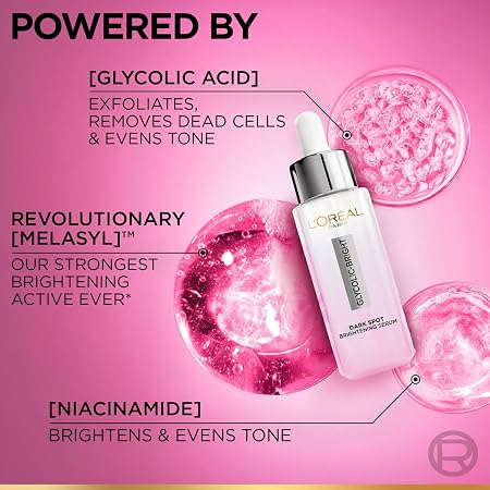 L'OREAL PARIS GLYCOLIC - BRIGHT DARK SPOT BRIGHTENING SERUM | 8% [ MELASYL + GLYCOLIC + NIACINAMIDE ] VISIBLY REDUCES STUBBORN SPOTS : Sun, Age & Post - Acne Spots Tested On Indian Skin 15ml