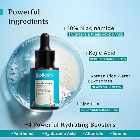 Pilgrim 10% Niacinamide Face Serum for Acne Marks & Glass Skin Glow - 30ml with Kojic Acid & Korean Rice Water, Fades Dark Spots, Boosts Glow, Minimizes Pores, Controls Excess Oil, Sensitive Skin Safe