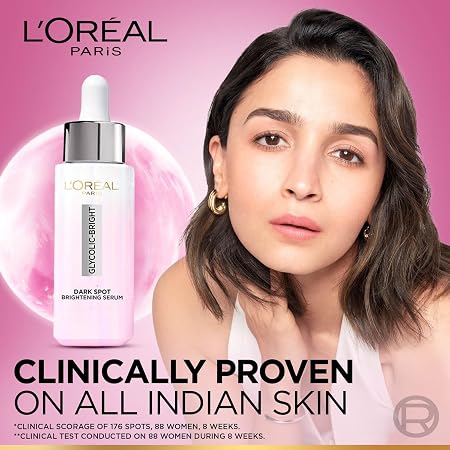 L'OREAL PARIS GLYCOLIC - BRIGHT DARK SPOT BRIGHTENING SERUM | 8% [ MELASYL + GLYCOLIC + NIACINAMIDE ] VISIBLY REDUCES STUBBORN SPOTS : Sun, Age & Post - Acne Spots Tested On Indian Skin 15ml