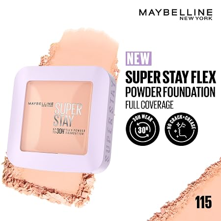 Maybelline New York Super Stay Flex Powder Foundation Compact, Full Coverage, 30H Full Coverage, Perfect for Oily Skin, Waterproof & Sweatproof, 9g