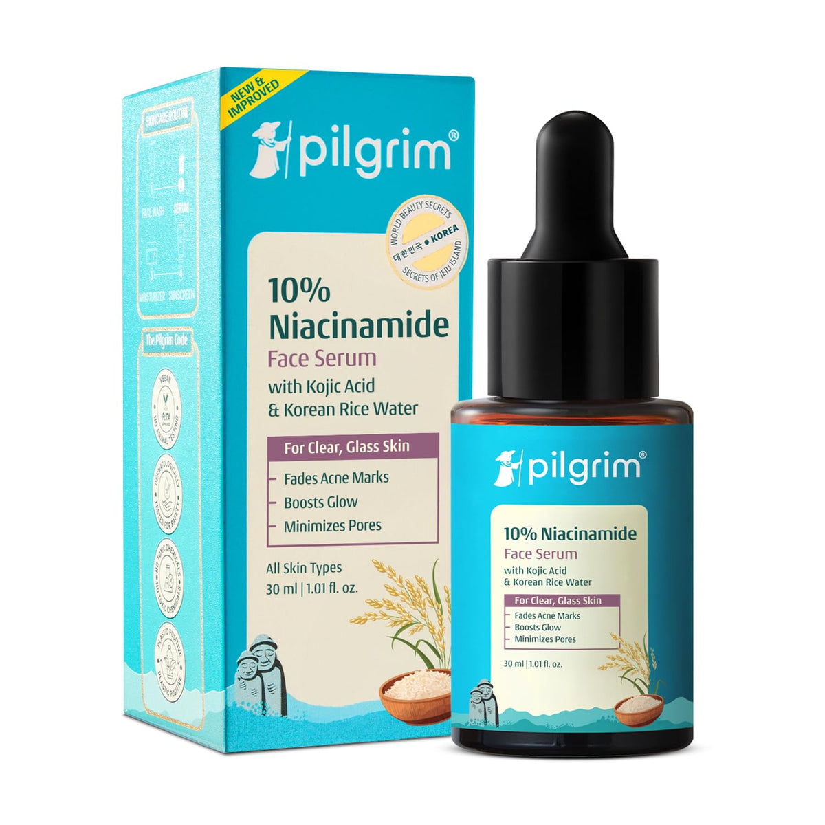 Pilgrim 10% Niacinamide Face Serum for Acne Marks & Glass Skin Glow - 30ml with Kojic Acid & Korean Rice Water, Fades Dark Spots, Boosts Glow, Minimizes Pores, Controls Excess Oil, Sensitive Skin Safe