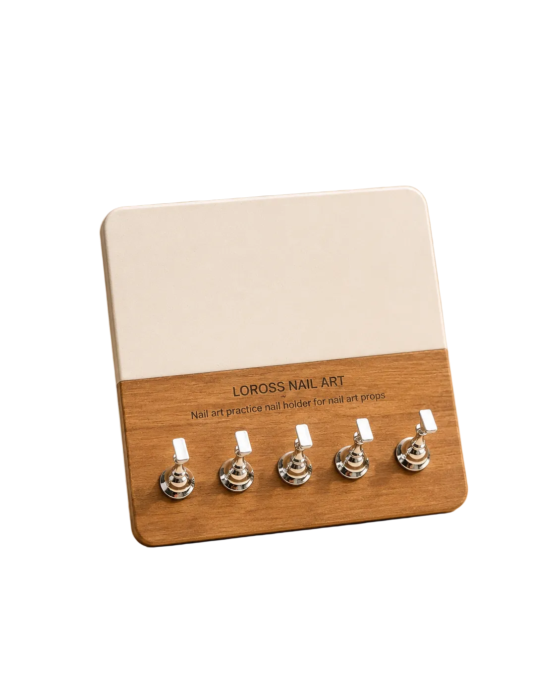 Wooden and Marble press-on nail stand. Designed to showcase your collection in style, it features a natural wood base paired with elegant marble accents that add sophistication to any vanity or salon space.