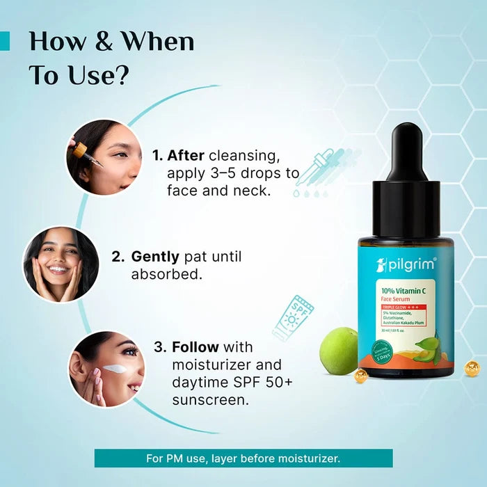 PILGRIM 10% Vitamin - C Face Serum | Triple Glow +++ 5% Niacinamide, Glutathione, Australian Kakadu Plum | All Skin Types 25ml |  0.84 fl. oz.