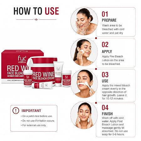 FYC Professional Red Wine Face Bleach Cream 270g | Skin Brightening Bleach for Women & Men | Red Wine Extract & Grape Seed Oil | Removes Facial Hair Appearance | Anti Pigmentation | Salon Professional