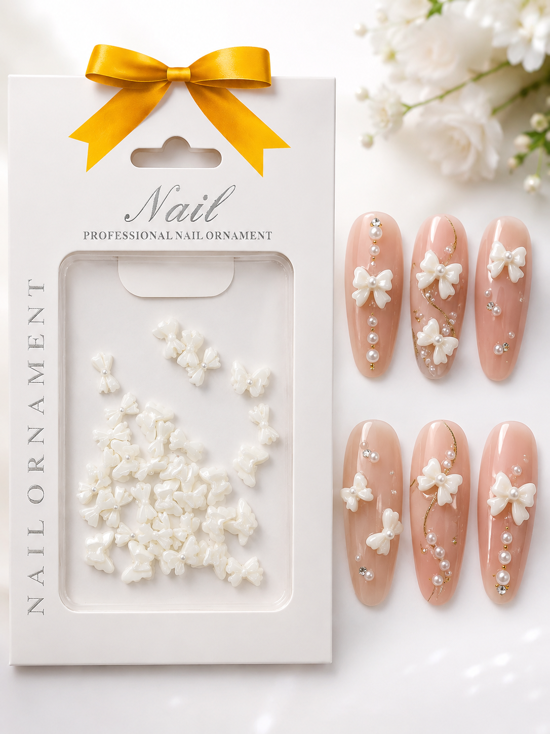 Elegant white bows designed to elevate your nail art. Perfect for adding a delicate, feminine touch to any manicure.