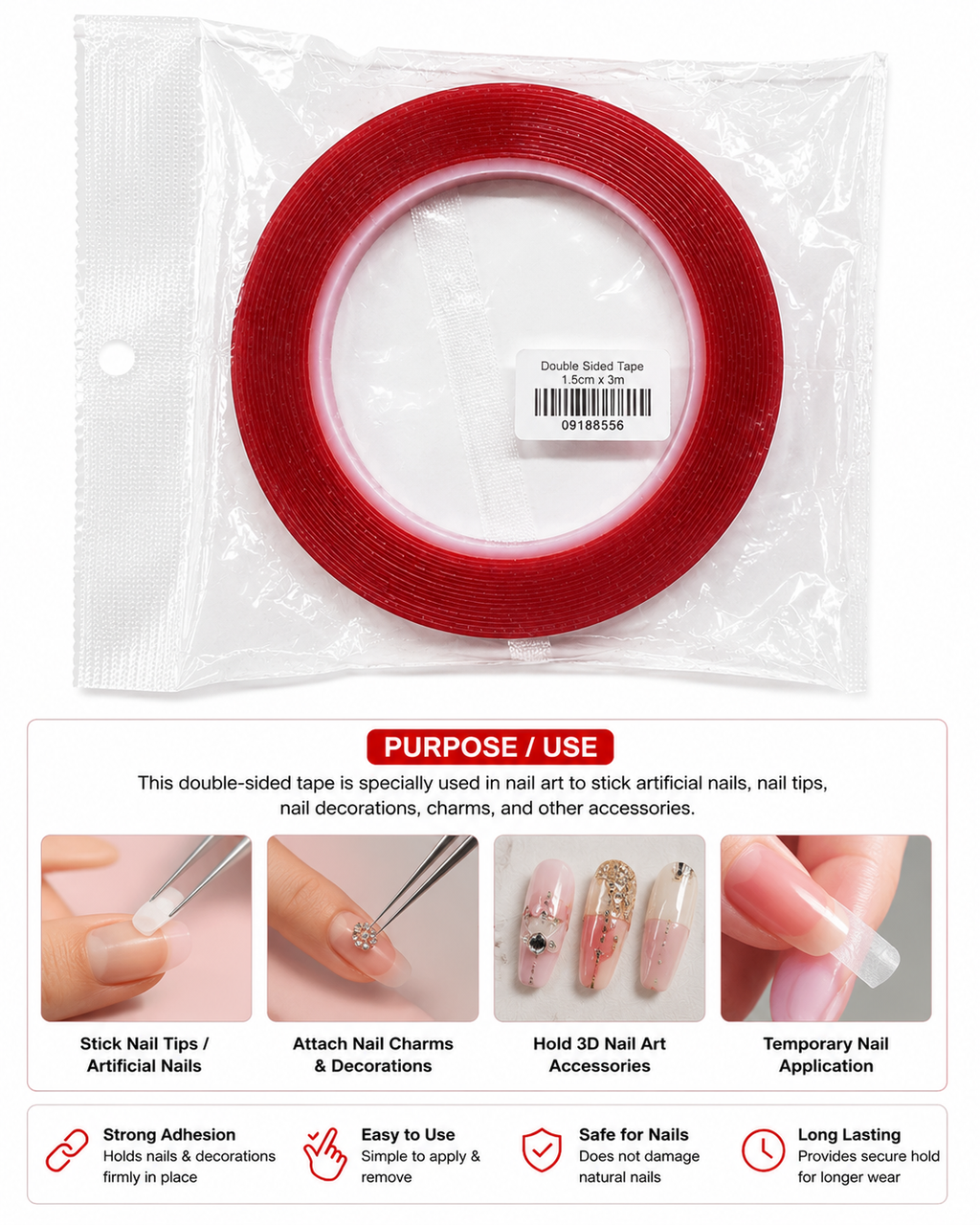 Double-sided adhesive tape designed specifically for securing nails and nail art applications.