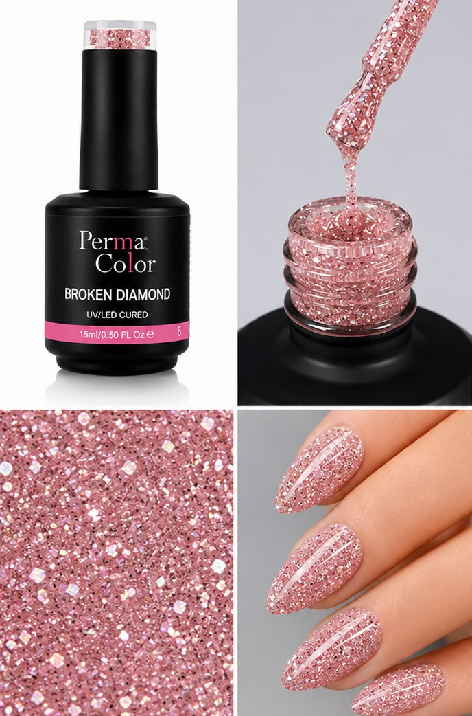 Perma Color Broken Diamond Gel Polish delivers vibrant, long-lasting color with a stunning broken diamond finish.