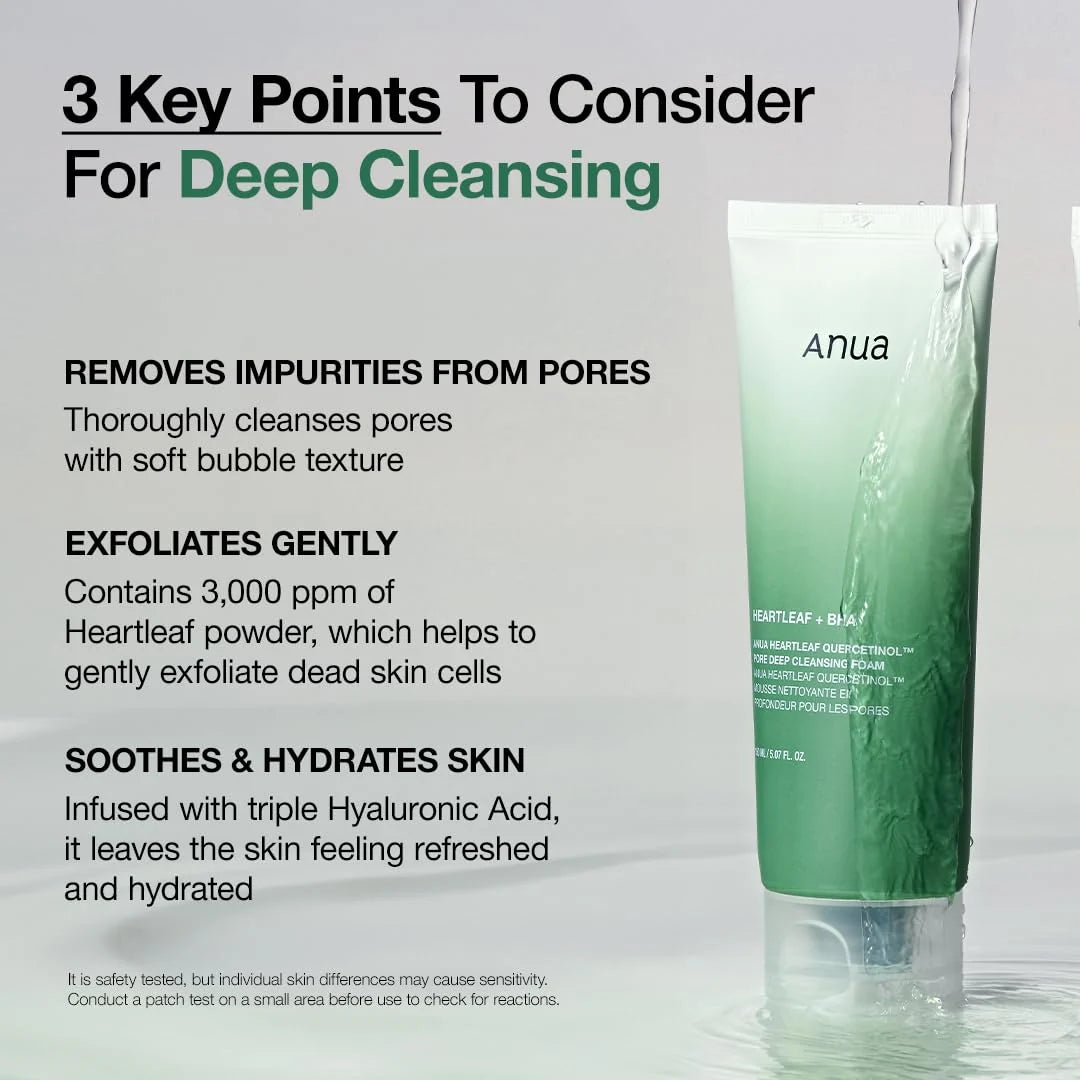 Anua Heartleaf Quercetinol Pore Deep Cleansing Foam, Face wash for Pore Refining Cleanser, Hydrating Daily Facial Cleanser For Double Cleansing, Gentle Foaming with BHA, Korean Skincare, 5.07 fl.oz.