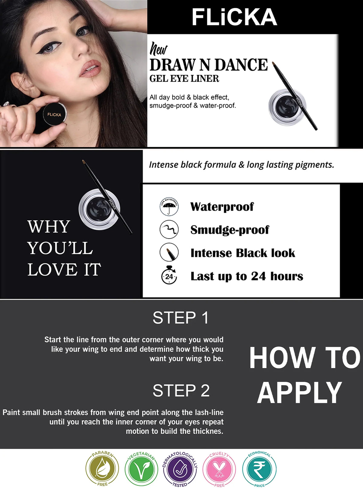 FLiCKA Draw N Dance Gel Eyeliner| Smudge Proof & WaterResistant |Easy Dip & Stroke|Lasts Upto 16Hrs l Matte Eyeliner For Women, 5g
