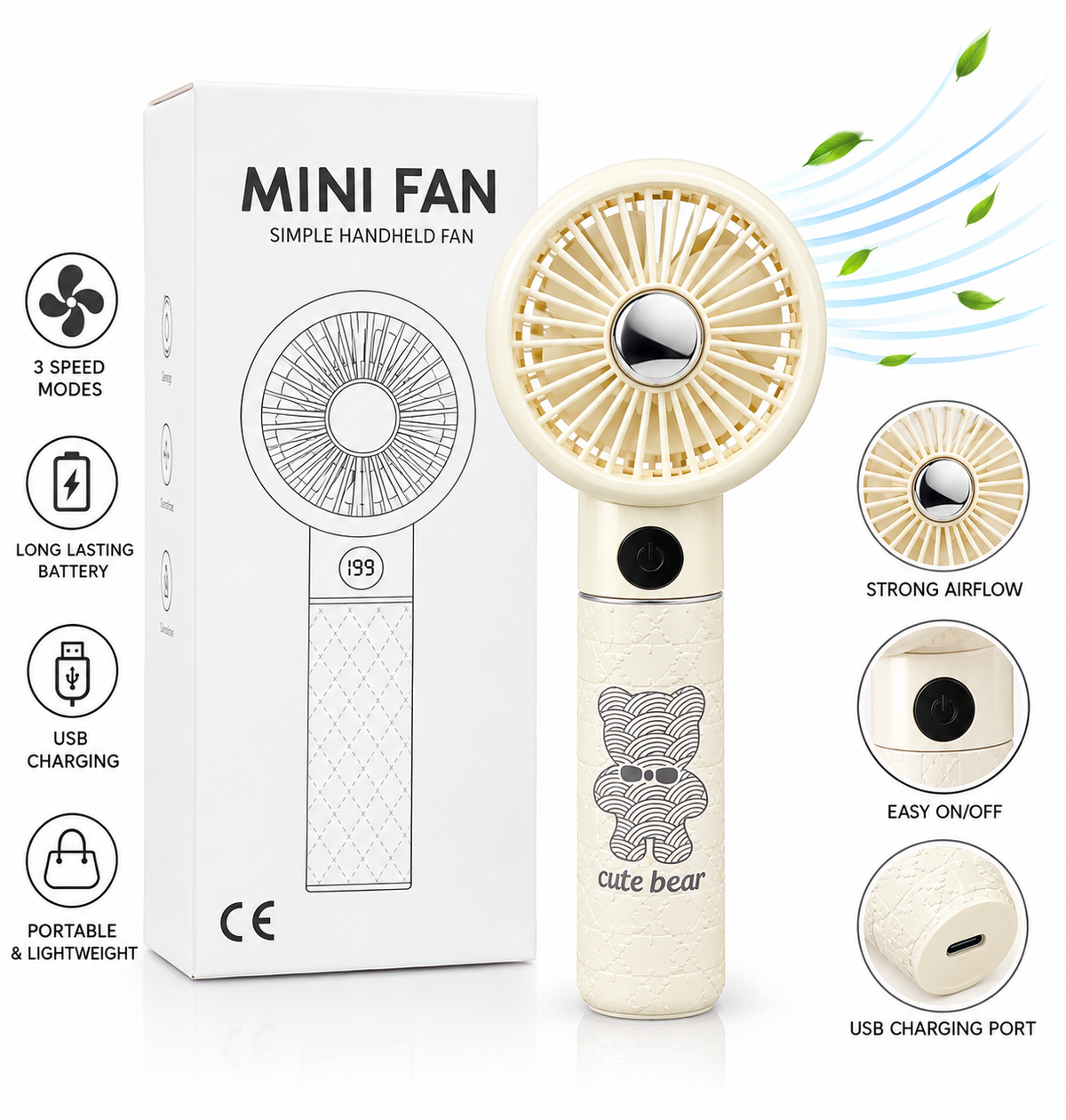 compact portable fan featuring 5 adjustable speed modes.