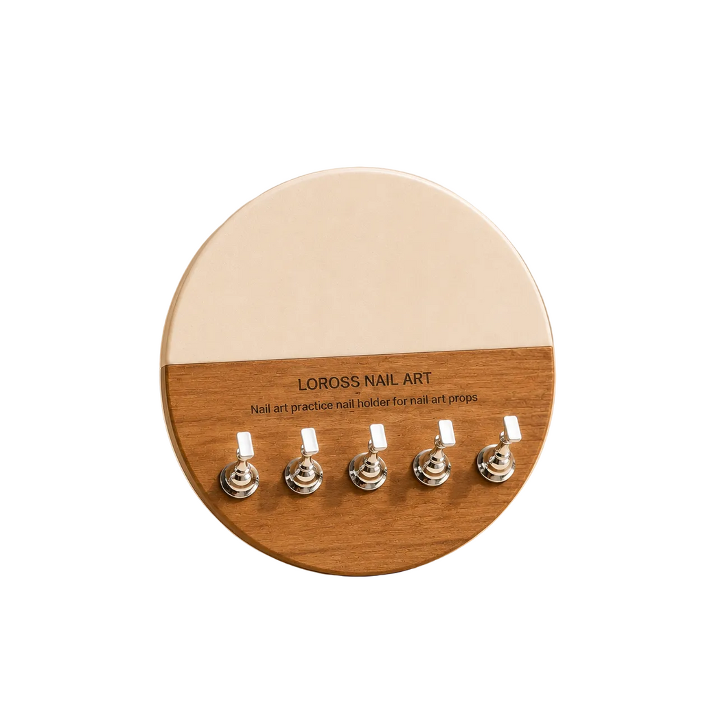 Wooden and Marble press-on nail stand. Designed to showcase your collection in style, it features a natural wood base paired with elegant marble accents that add sophistication to any vanity or salon space.