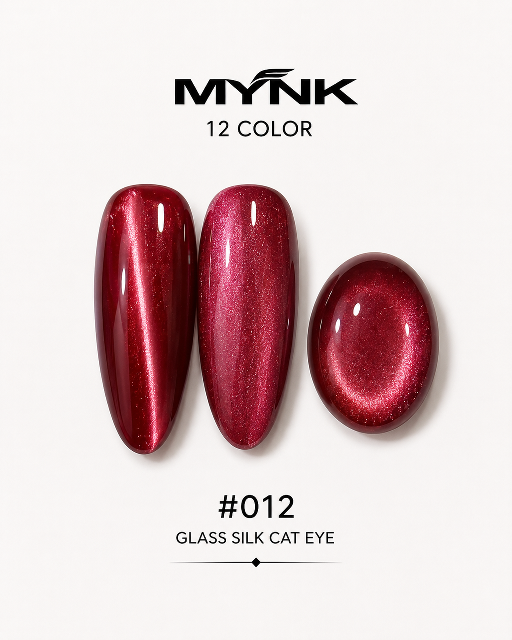 Mynk Professional Glass Silk Cat Eye Nail Polish Collection features 12 stunning shades with a mesmerizing glass silk finish.