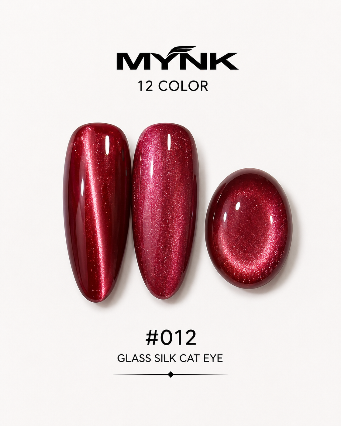 Mynk Professional Glass Silk Cat Eye Nail Polish Collection features 12 stunning shades with a mesmerizing glass silk finish.