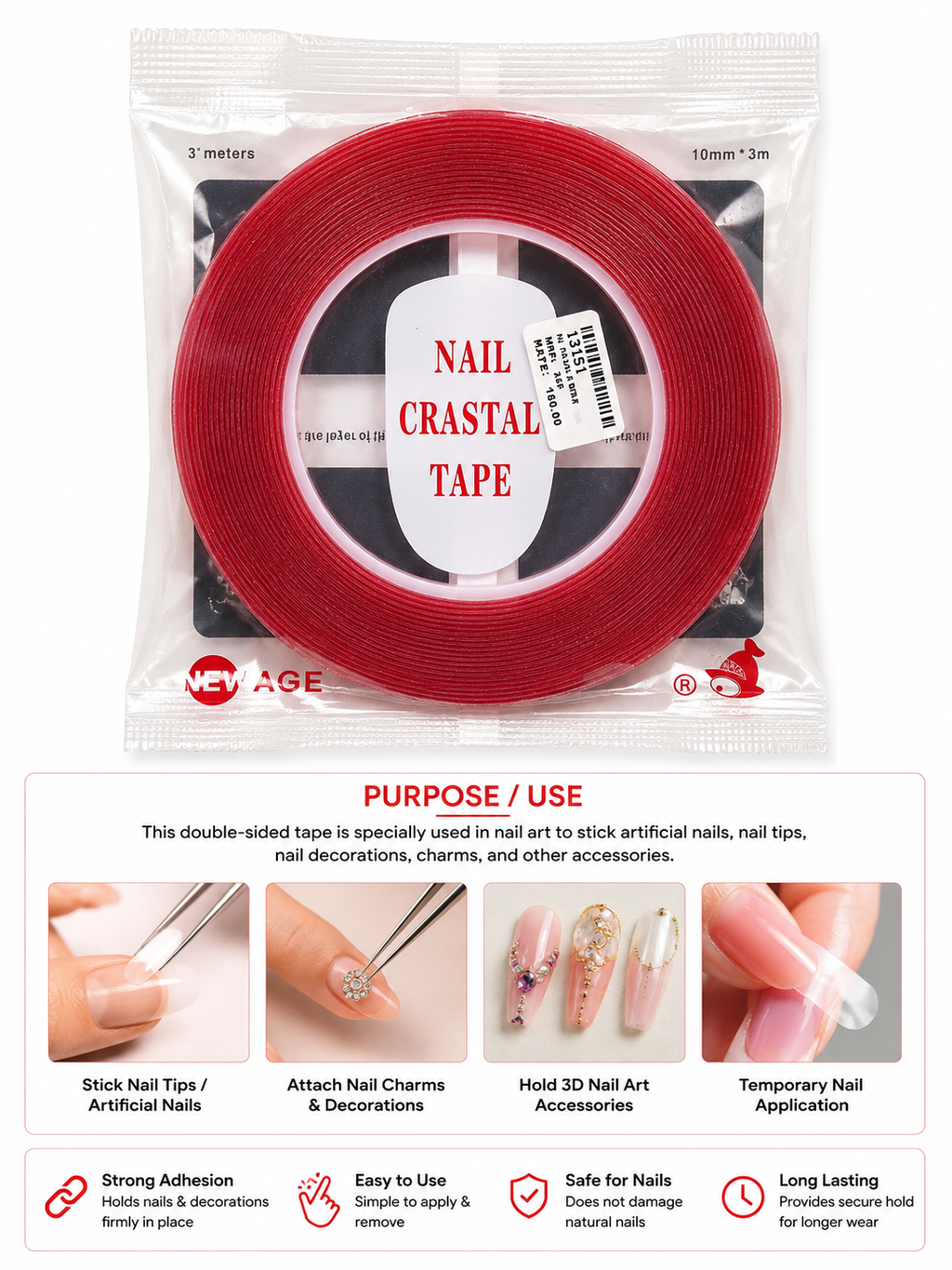 Double-sided adhesive tape designed specifically for securing nails and nail art applications.