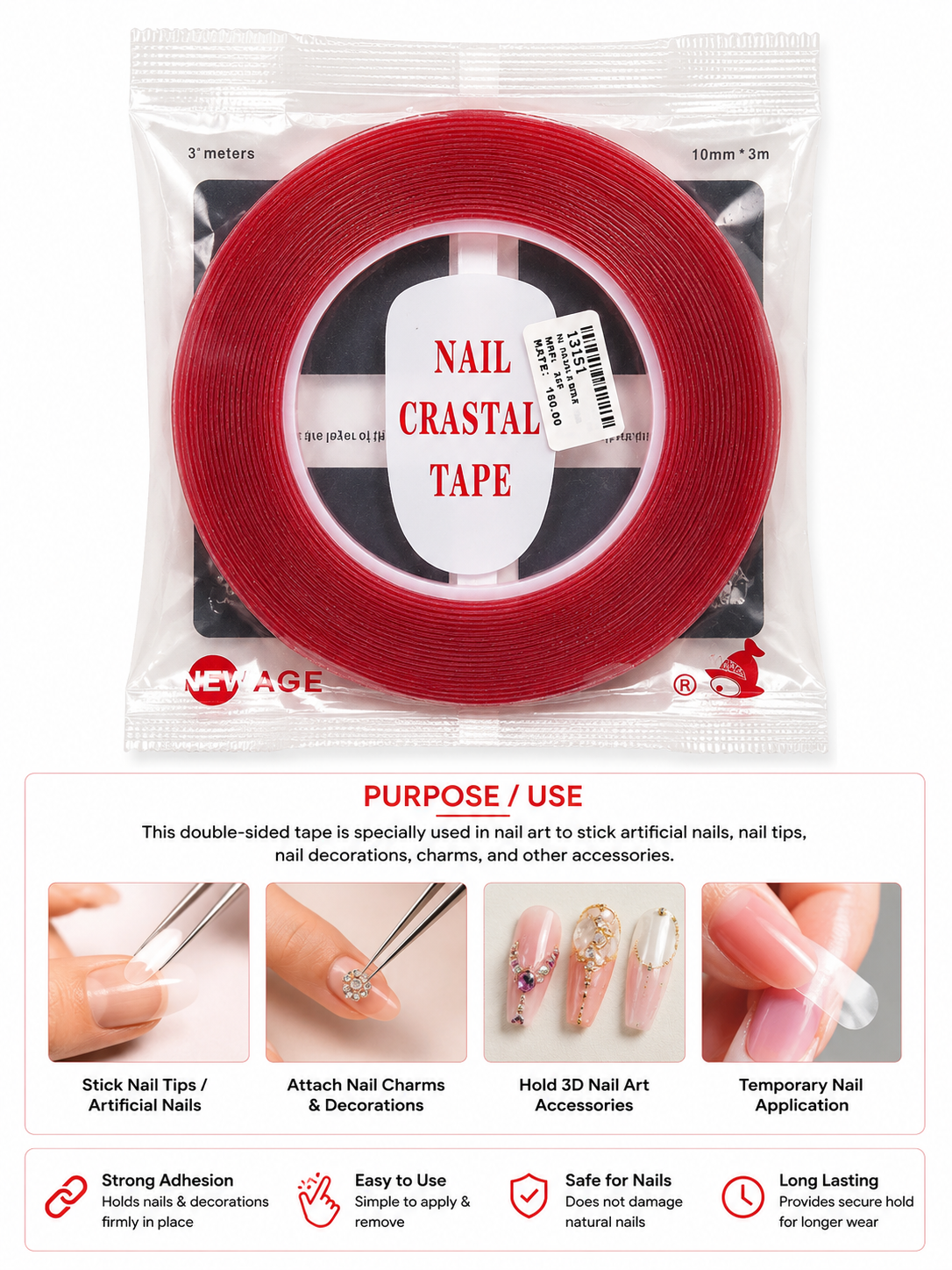 Double-sided adhesive tape designed specifically for securing nails and nail art applications.