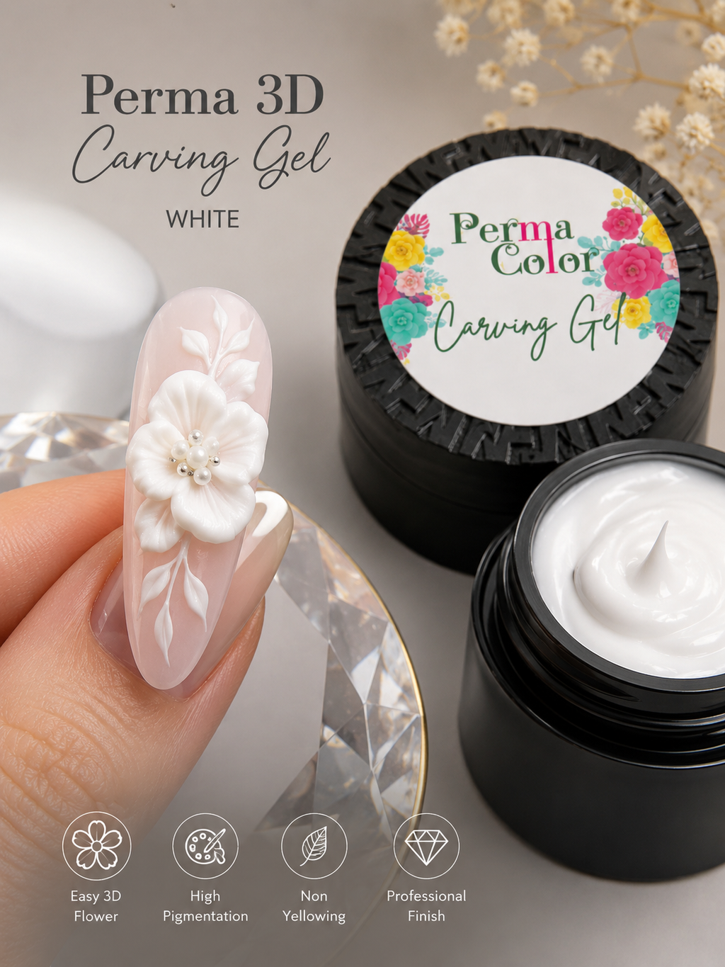 Perma Color carving gel delivers precision and durability for intricate nail art designs.