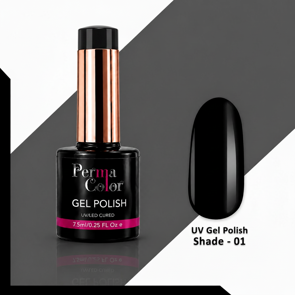 A bottle of Perma Color Gel Polish with a metallic rose gold cap and black bottle, shown next to a glossy black nail swatch on a split black, white, and gray background. Text on the image reads 'UV Gel Polish Shade - 01'.