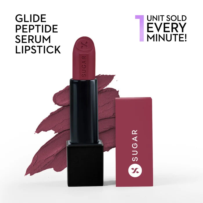 SUGAR Cosmetics Glide Peptide Serum Lipstick with Hyaluronic Acid & Vitamin E | Velvet Matte Lipstick for Indian Skin | 1-Swipe Full Coverage | 4.2gm